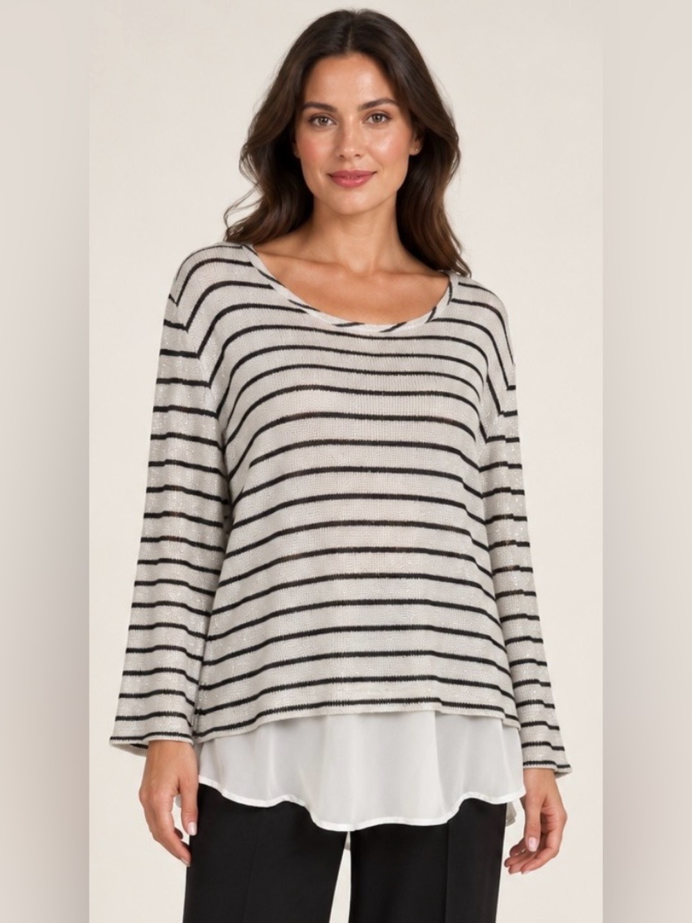 Metaphor Black Ivory Stripe Shimmer Knit Layered Hem Top L